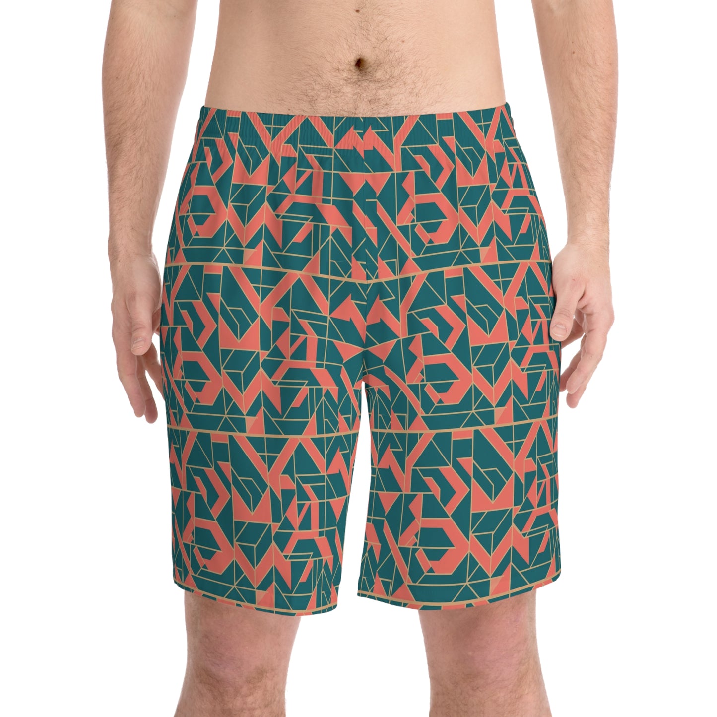 Trendy Men's Elastic Beach Shorts - Geometric Pattern Swimwear